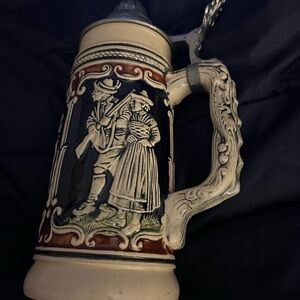 Vintage German Beer Stein with Scenic Design Flip Lid 9.5” H 3.5” Base Luchow’s